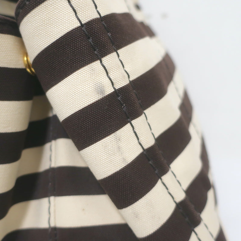 Prada Striped Canapa Canvas Medium Tote Ivory &amp; Dark Brown Crossbody Bag