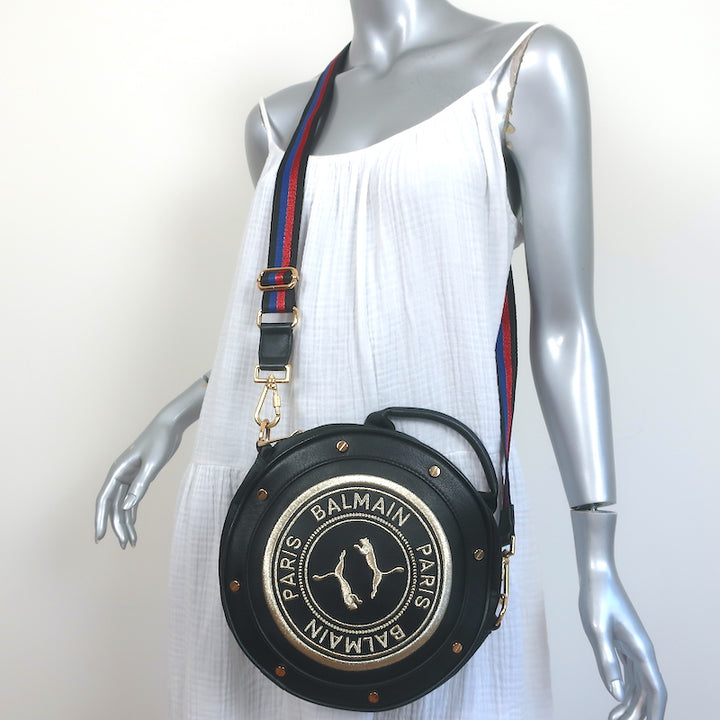 PUMA x Balmain Round Backpack Black Leather &amp; Satin Small Crossbody Bag