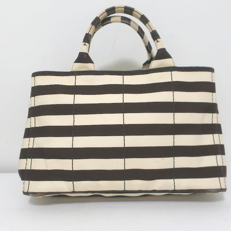 Prada Striped Canapa Canvas Medium Tote Ivory &amp; Dark Brown Crossbody Bag