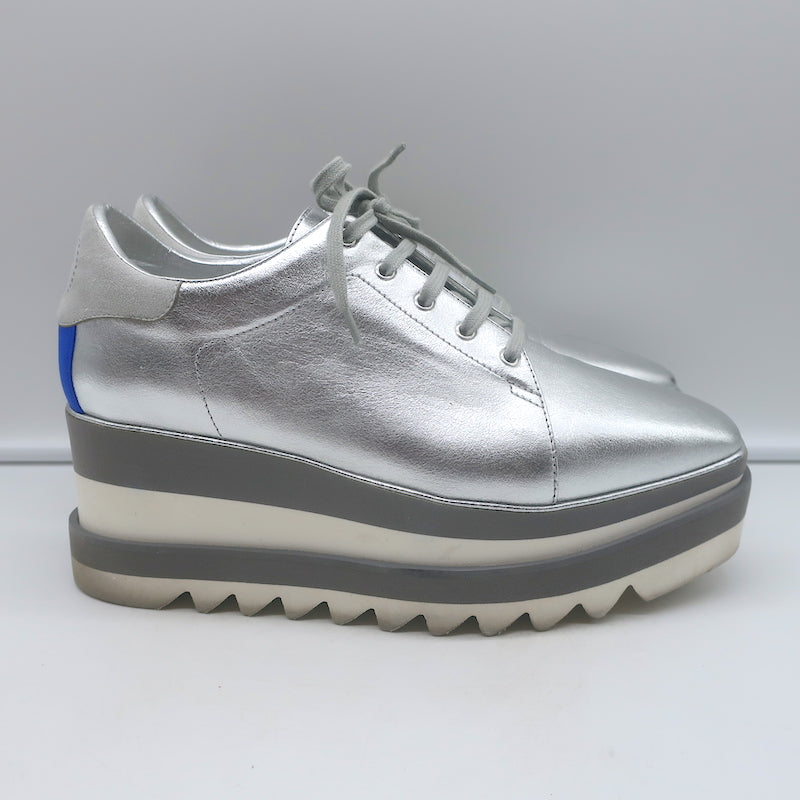 Stella McCartney Elyse platform sneakers, silver faux leather, pre-owned authentic designer pair, EU 39