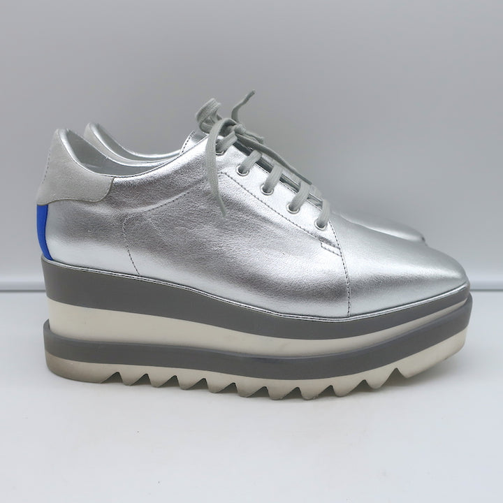 Stella McCartney Elyse platform sneakers, silver faux leather, pre-owned authentic designer pair, EU 39
