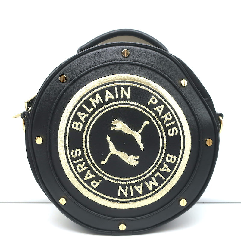 PUMA x Balmain Round Backpack Black Leather &amp; Satin Small Crossbody Bag