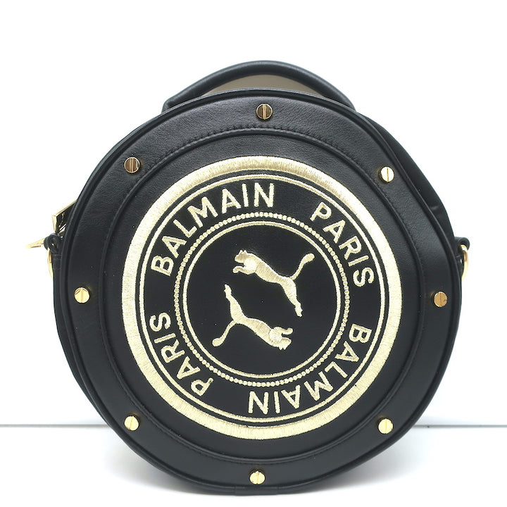 PUMA x Balmain Round Backpack Black Leather &amp; Satin Small Crossbody Bag