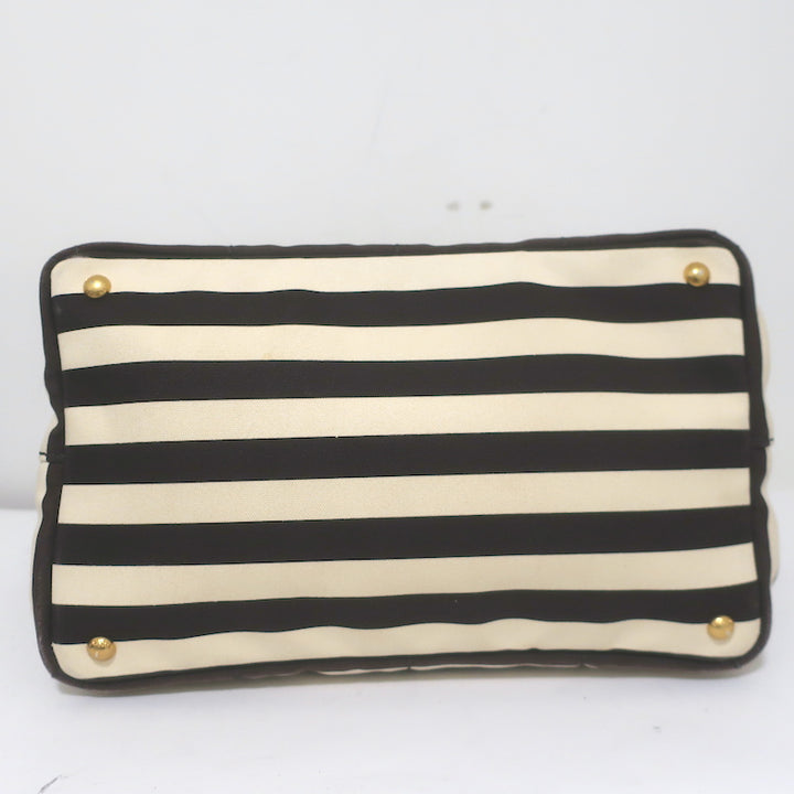 Prada Striped Canapa Canvas Medium Tote Ivory &amp; Dark Brown Crossbody Bag