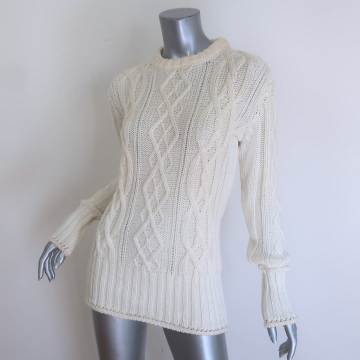 Thom Browne Cable Knit Crewneck Sweater Cream Wool Size 42