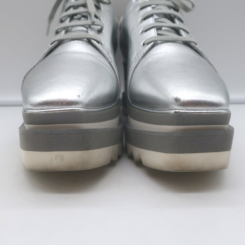 Stella McCartney Sneak Elyse platform sneakers, silver faux leather, pre-owned, authentic luxury