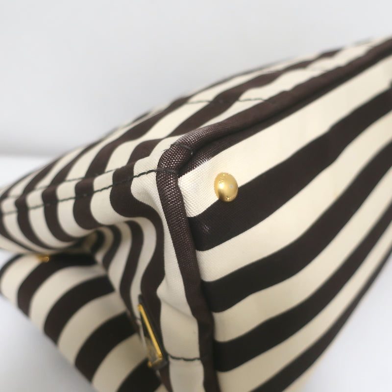 Prada Striped Canapa Canvas Medium Tote Ivory &amp; Dark Brown Crossbody Bag