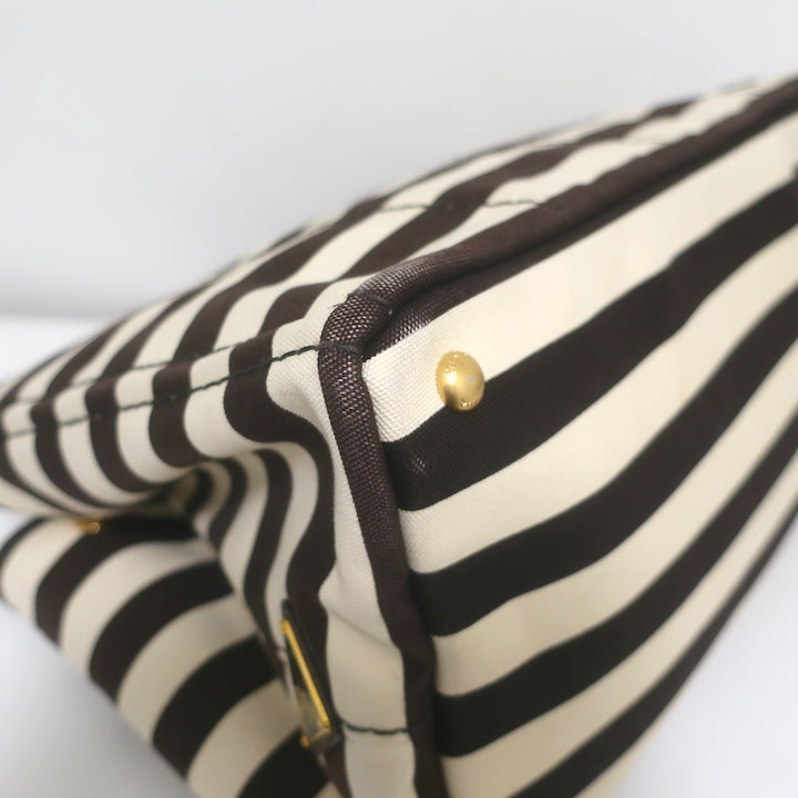 Prada Striped Canapa Canvas Medium Tote Ivory &amp; Dark Brown Crossbody Bag