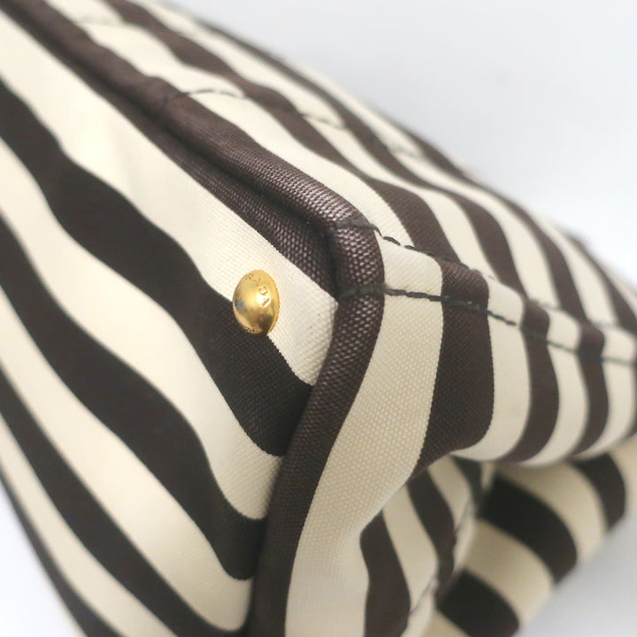 Prada Striped Canapa Canvas Medium Tote Ivory &amp; Dark Brown Crossbody Bag