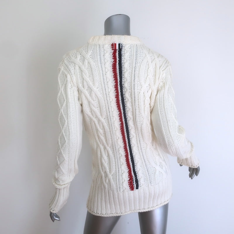 Thom Browne Cable Knit Crewneck Sweater Cream Wool Size 42