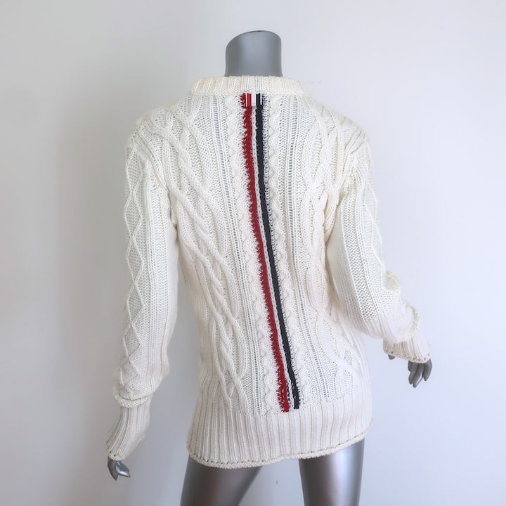 Thom Browne Cable Knit Crewneck Sweater Cream Wool Size 42