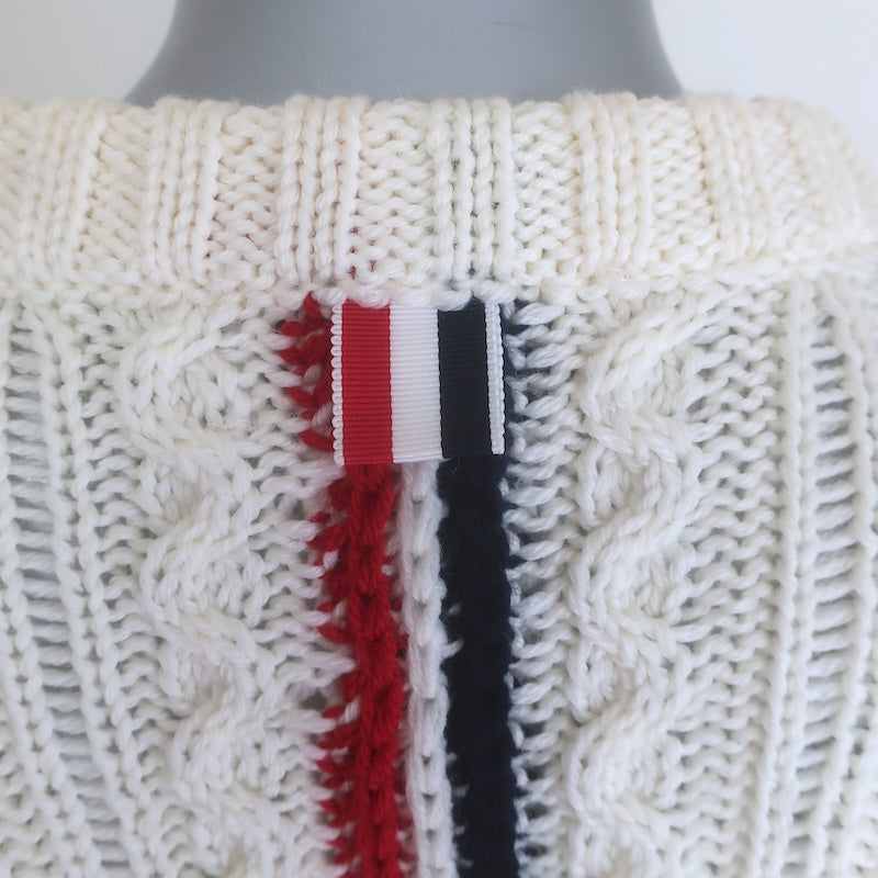 Thom Browne Cable Knit Crewneck Sweater Cream Wool Size 42