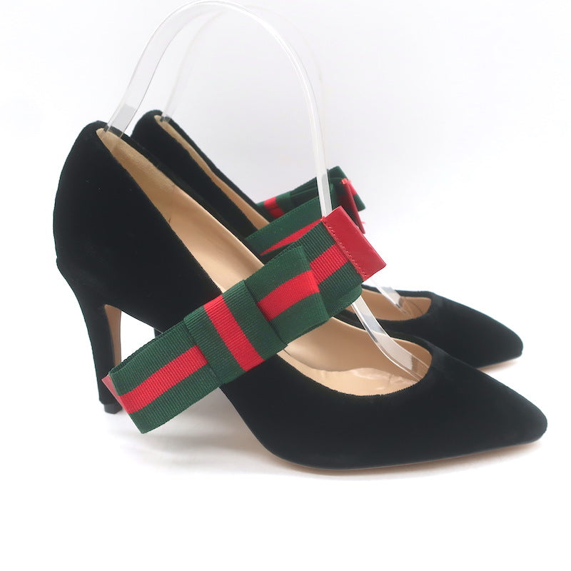 Gucci Web Bow Pointed Toe Pumps Black Velvet Size 36 NEW