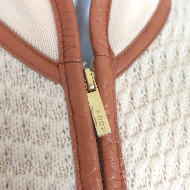 Tory Burch Leather-Trimmed Sweater Coat Ivory Merino Wool Size Medium