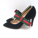 Gucci Web Bow Pointed Toe Pumps Black Velvet Size 36 NEW