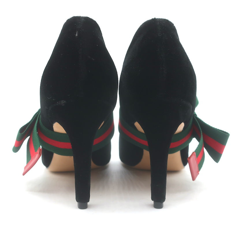 Gucci Web Bow Pointed Toe Pumps Black Velvet Size 36 NEW