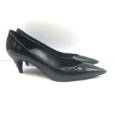 Saint Laurent Kiki pointed-toe kitten-heel pumps in black patent leather, authentic pre-owned.