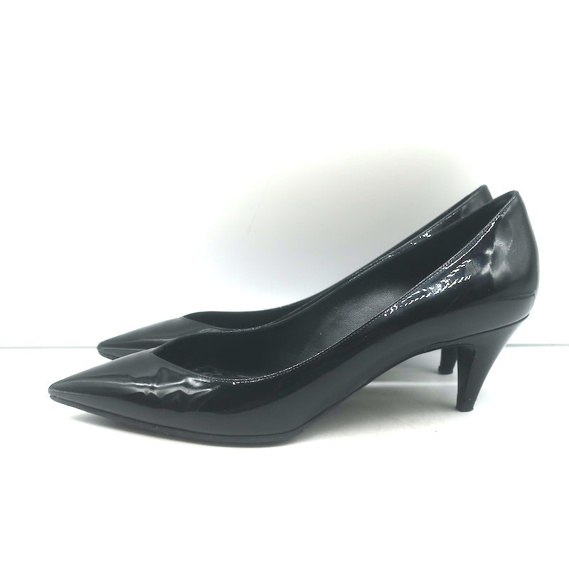 Saint Laurent Kiki pointed-toe kitten-heel pumps in black patent leather, authentic pre-owned with light wear