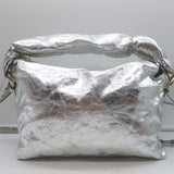 Dries Van Noten Silver Metallic Crinkled Leather Medium Crossbody Shoulder Bag