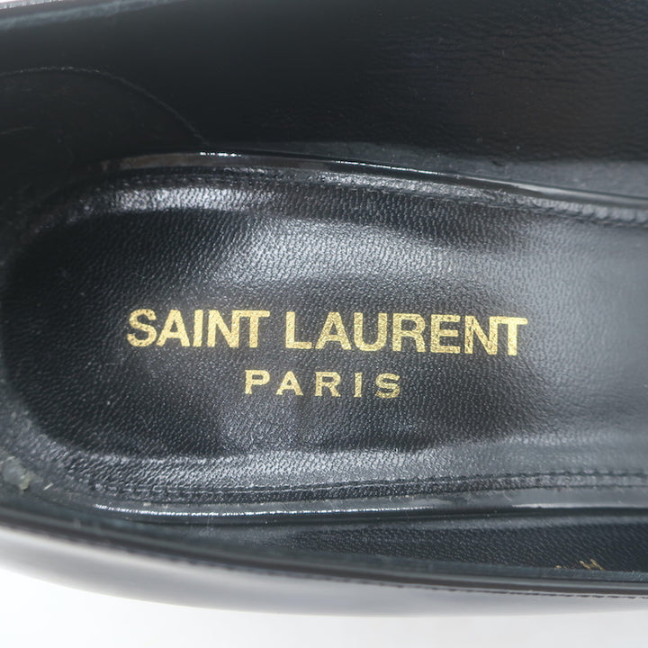 Saint Laurent Kiki pointed-toe kitten heel pumps in black patent leather, pre-owned, authentic luxury with gentle wear.