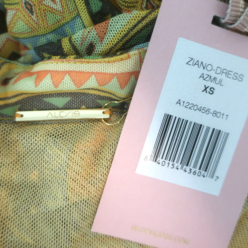 Alexis Ziano Ruched Mesh Mini Dress Multi Aztec Print Size Extra Small NEW