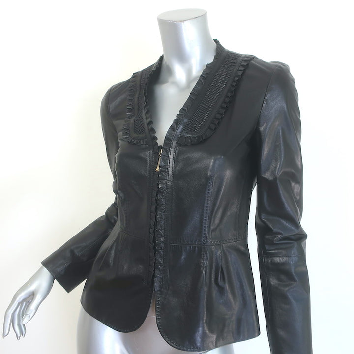 Gucci Ruffled Leather Zip-Up Jacket Black Size 42