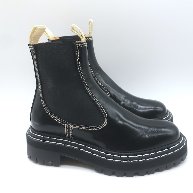 Proenza Schouler Top Stitched Chelsea Boots Black Polished Leather Size 36