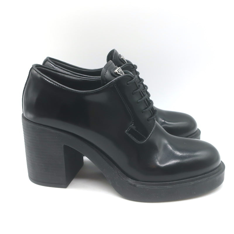 Prada Heeled Lace-Up Loafers Black Brushed Leather Size 37