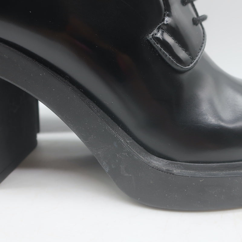 Prada Heeled Lace-Up Loafers Black Brushed Leather Size 37