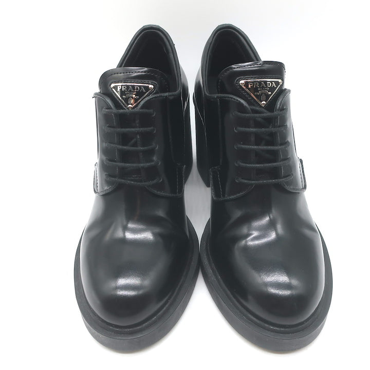 Prada Heeled Lace-Up Loafers Black Brushed Leather Size 37