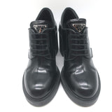Prada Heeled Lace-Up Loafers Black Brushed Leather Size 37