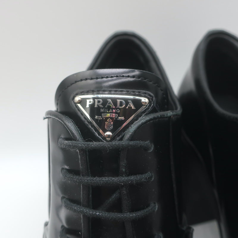 Prada Heeled Lace-Up Loafers Black Brushed Leather Size 37