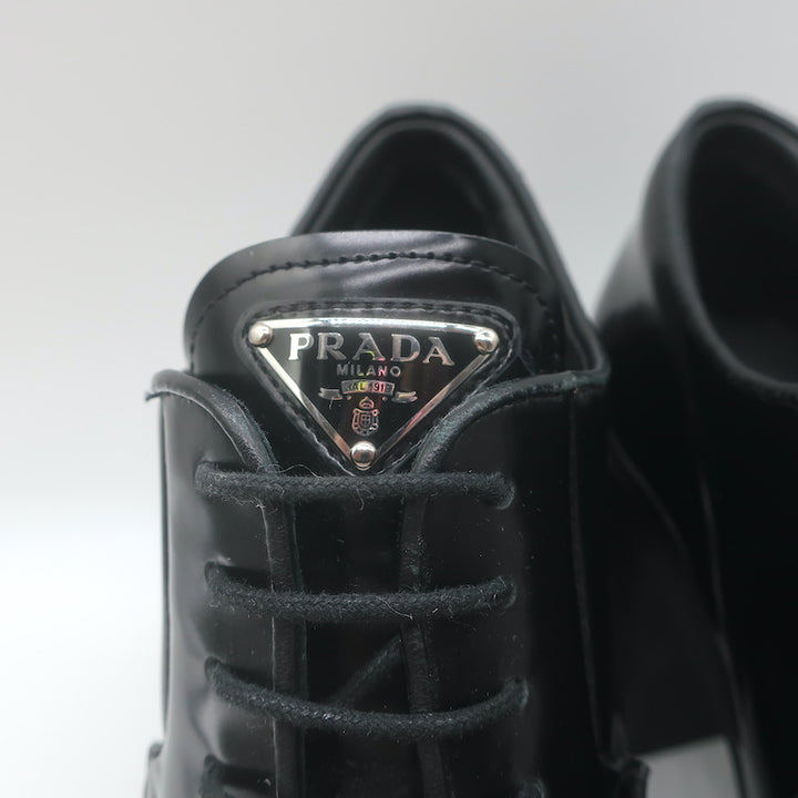Prada Heeled Lace-Up Loafers Black Brushed Leather Size 37