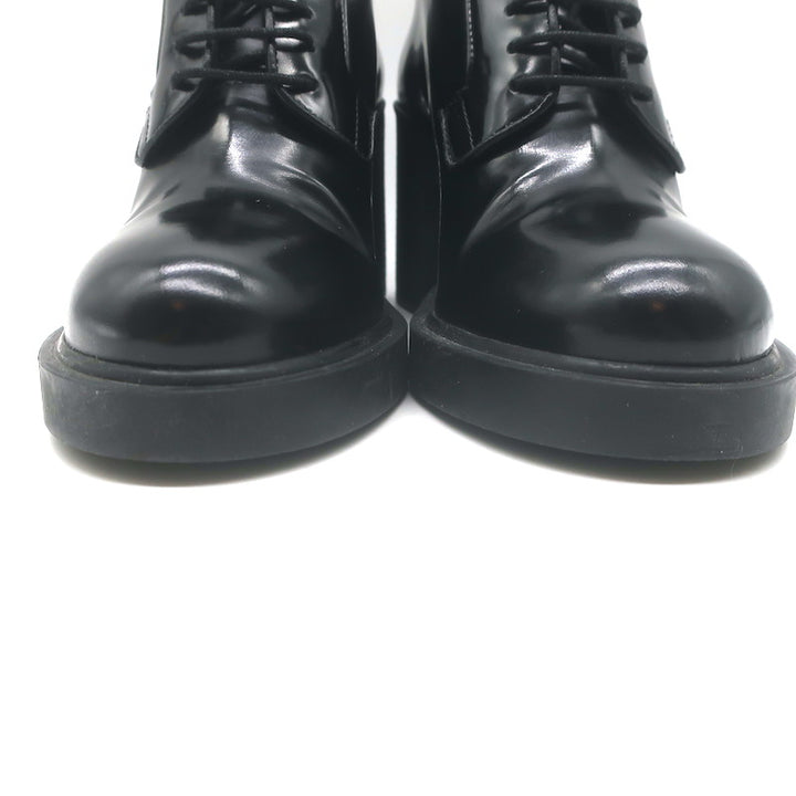 Prada Heeled Lace-Up Loafers Black Brushed Leather Size 37