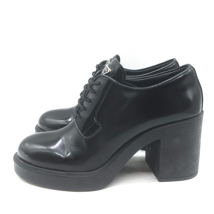 Prada Heeled Lace-Up Loafers Black Brushed Leather Size 37