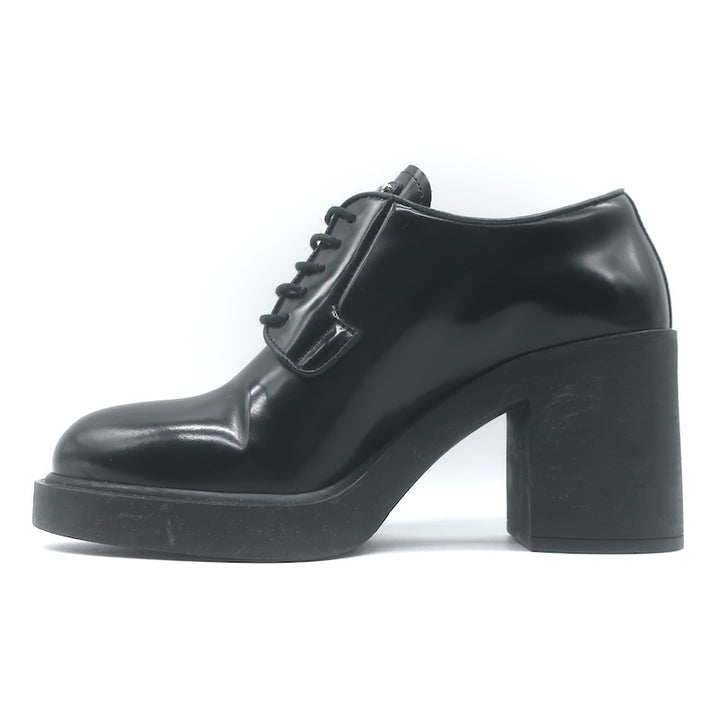 Prada Heeled Lace-Up Loafers Black Brushed Leather Size 37