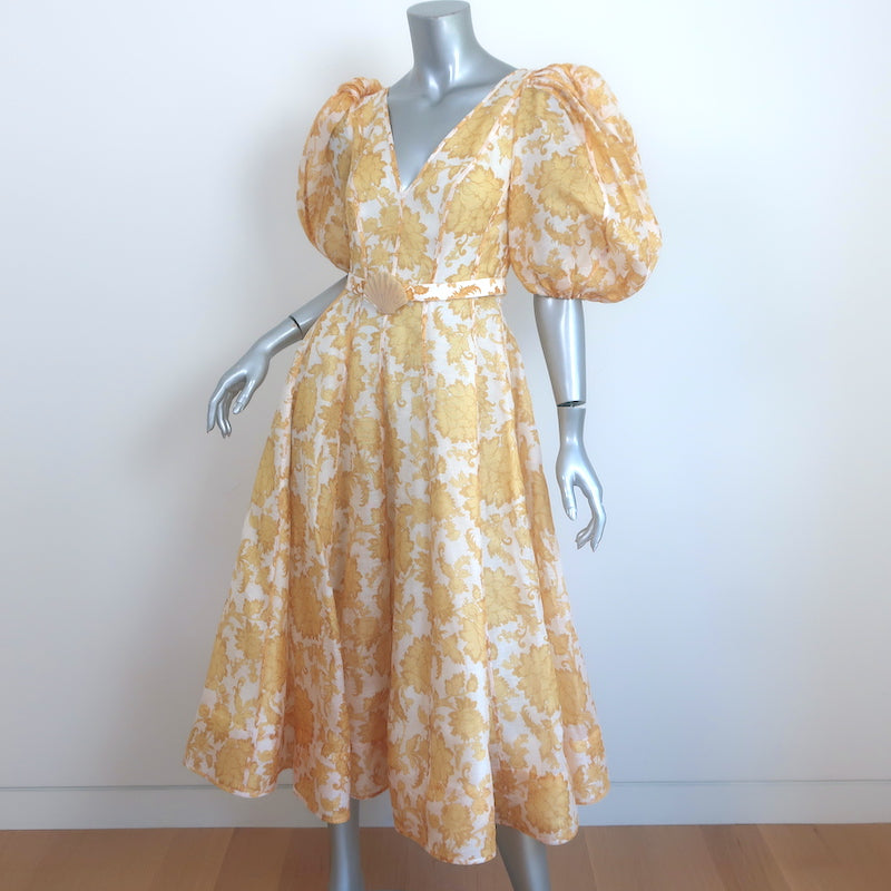 zimmermann yellow floral dress crush asymmetrical midi with exaggerated puff sleeves Zimmermann Postcard Puff Sleeve Midi