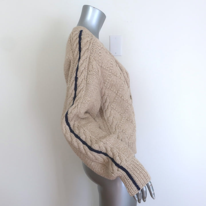 La Ligne Striped-Sleeve Cropped Cable Knit Cardigan Beige Alpaca Size Small