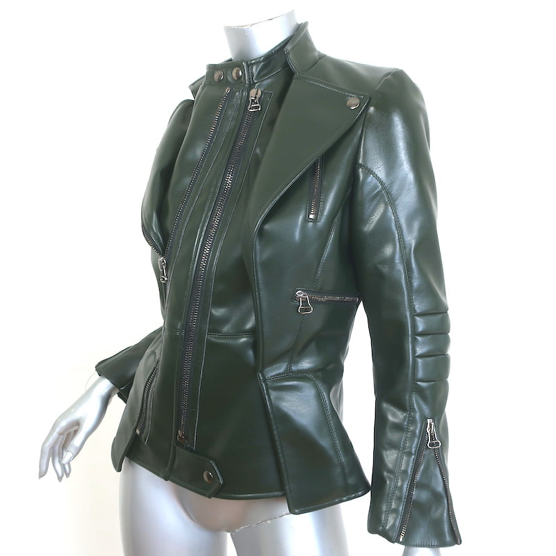 Altuzarra Faux Leather Biker Jacket Dark Green Size 38