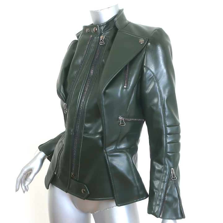 Altuzarra Faux Leather Biker Jacket Dark Green Size 38