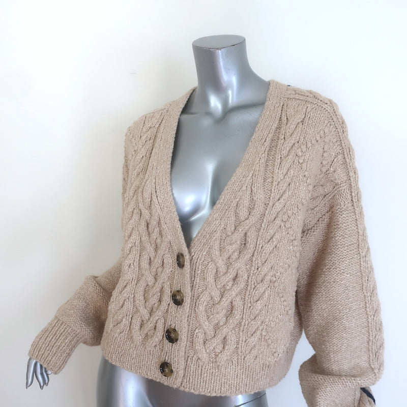 La Ligne Striped-Sleeve Cropped Cable Knit Cardigan Beige Alpaca Size Small
