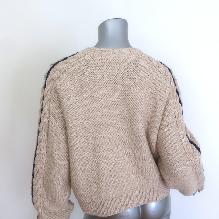 La Ligne Striped-Sleeve Cropped Cable Knit Cardigan Beige Alpaca Size Small