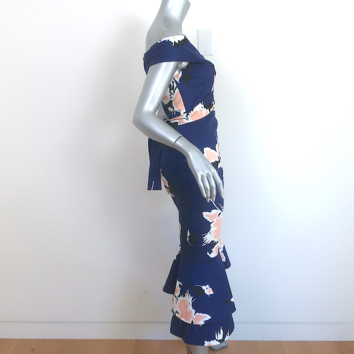 Johanna Ortiz Off the Shoulder Cutout Midi Dress Navy Printed Cotton Size 2