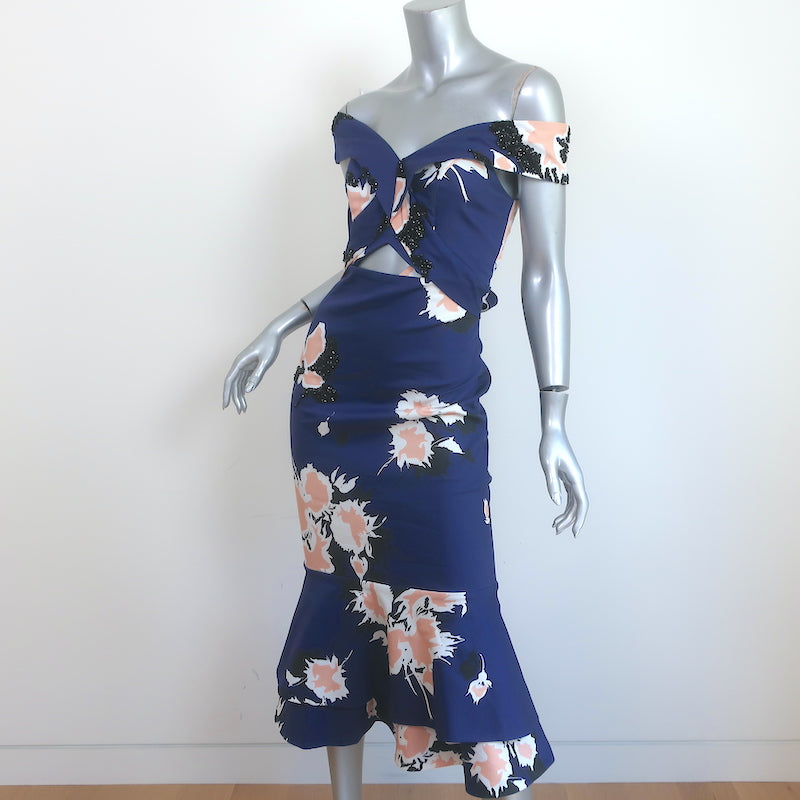 Johanna Ortiz Off the Shoulder Cutout Midi Dress Navy Printed Cotton Size 2