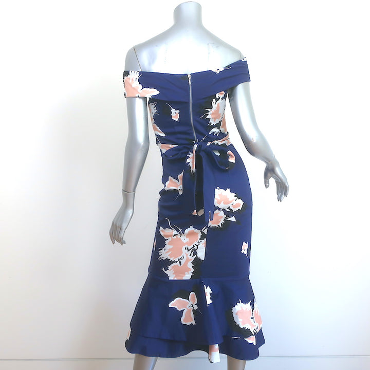 Johanna Ortiz Off the Shoulder Cutout Midi Dress Navy Printed Cotton Size 2