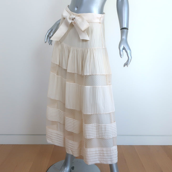 Zimmermann Spliced Mesh Midi Skirt Ivory Pintucked Georgette Size 2