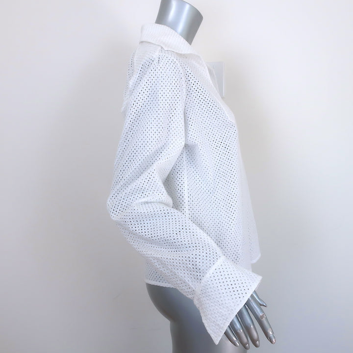 Chanel Eyelet-Embroidered Collared Blouse White Cotton Size 36 Long Sleeve Top