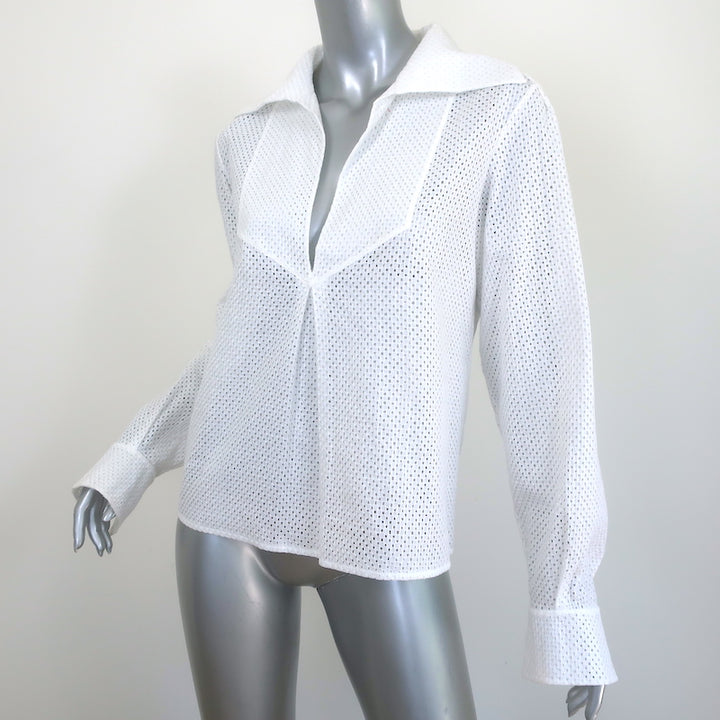 Chanel Eyelet-Embroidered Collared Blouse White Cotton Size 36 Long Sleeve Top