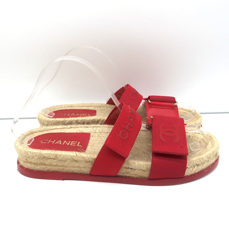Chanel CC Elastic Espadrille Slide Sandals Red Size 38 Flat Mules