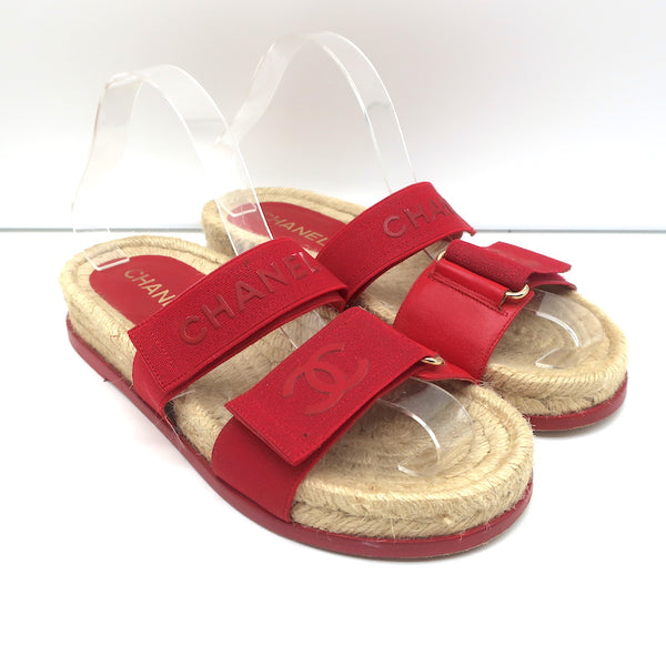 Chanel CC Elastic Espadrille Slide Sandals Red Size 38 Flat Mules